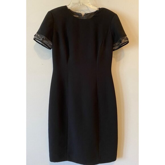 Donna Morgan Black Short Sleeve Dress Button Back & Lace Trim Petite 6 - Picture 1 of 11